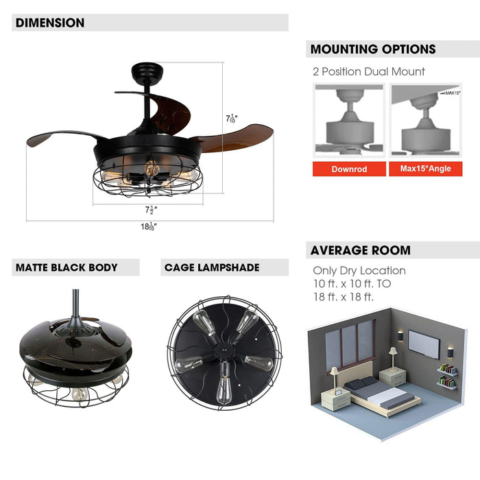 46" Benally Industrial Downrod Mount Ceiling Fan with Lighting and Remote Control - ParrotUncle