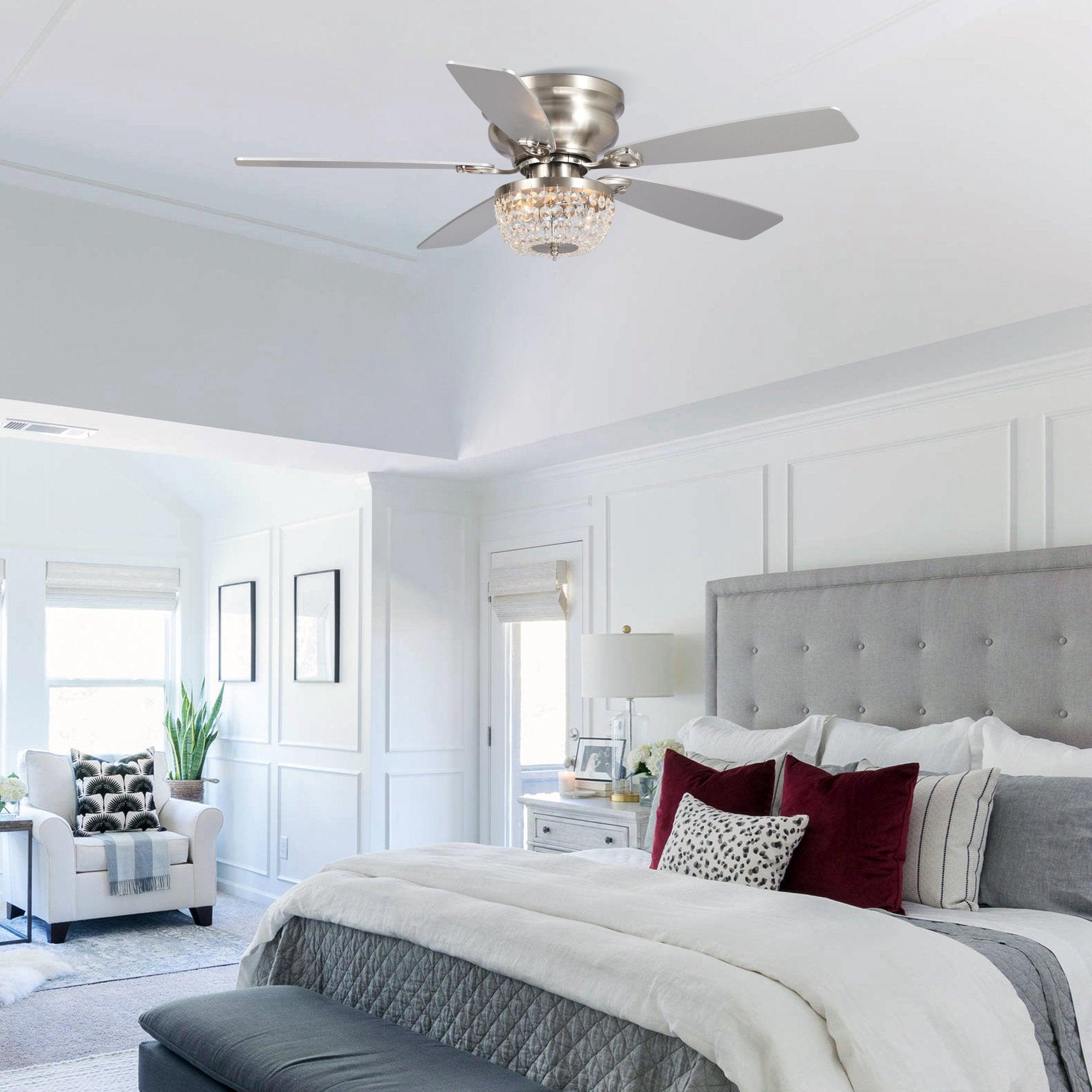 48" Modern Flush Mount Reversible Crytsal Ceiling Fan with Lighting and Remote Control - ParrotUncle
