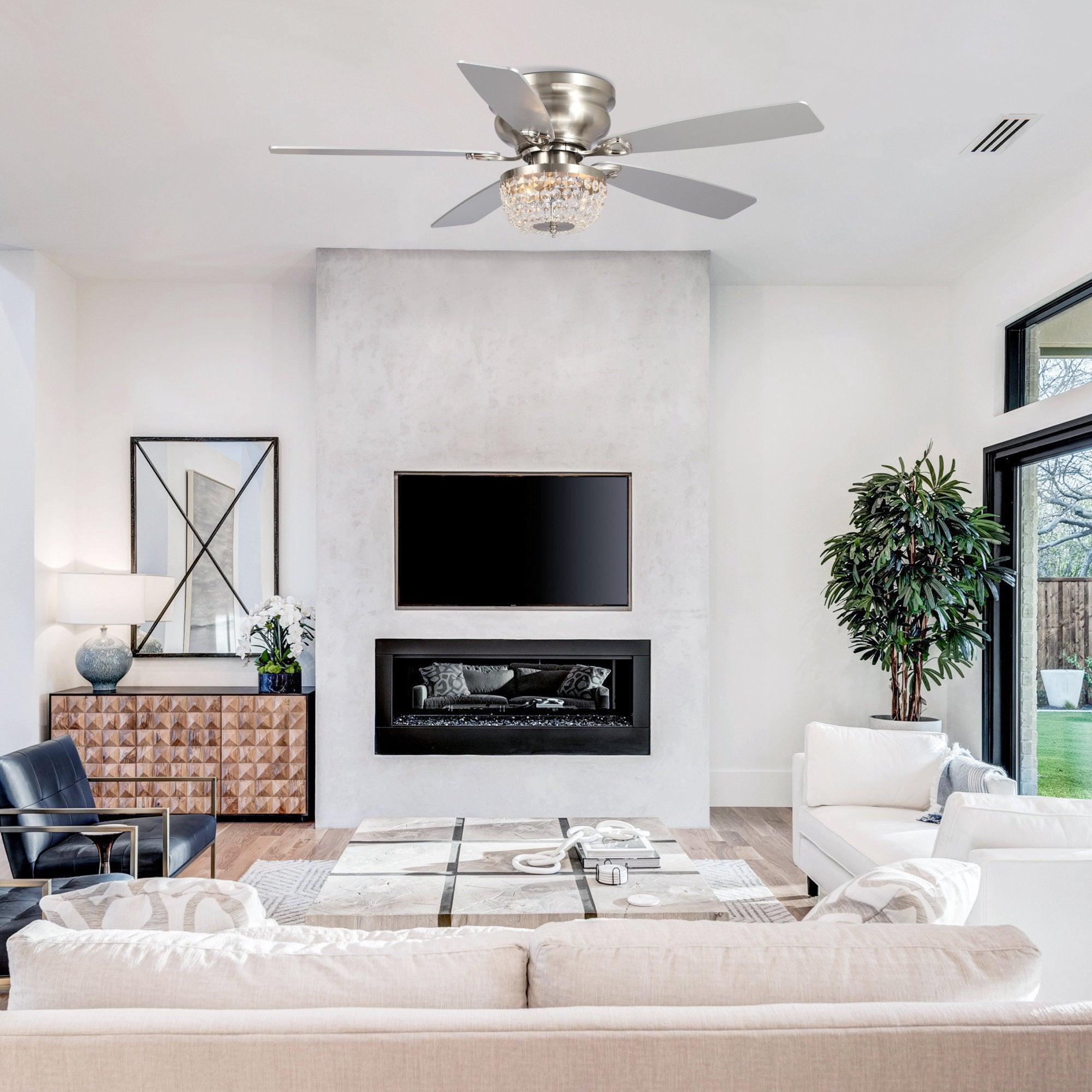 48" Modern Flush Mount Reversible Crytsal Ceiling Fan with Lighting and Remote Control - ParrotUncle