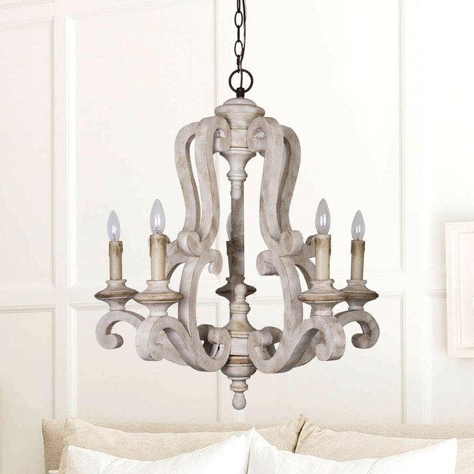 5-Lights Antique Wooden Candle Chandelier - ParrotUncle