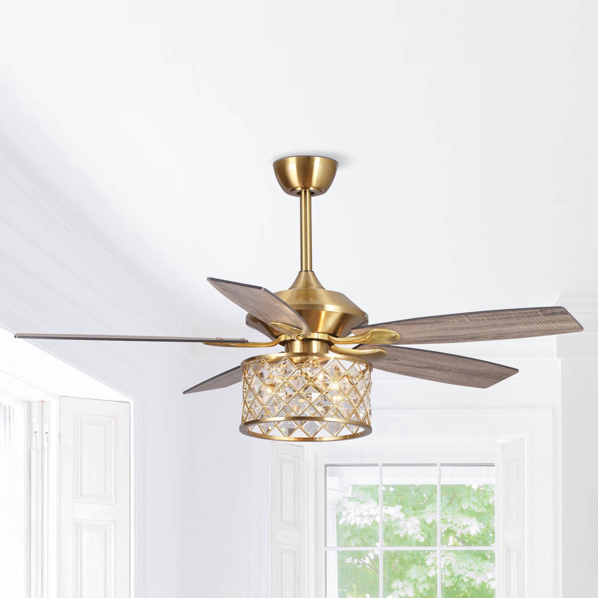 52" Cochin Industrial Downrod Mount Reversible Crystal Ceiling Fan with Lighting and Remote Control - ParrotUncle