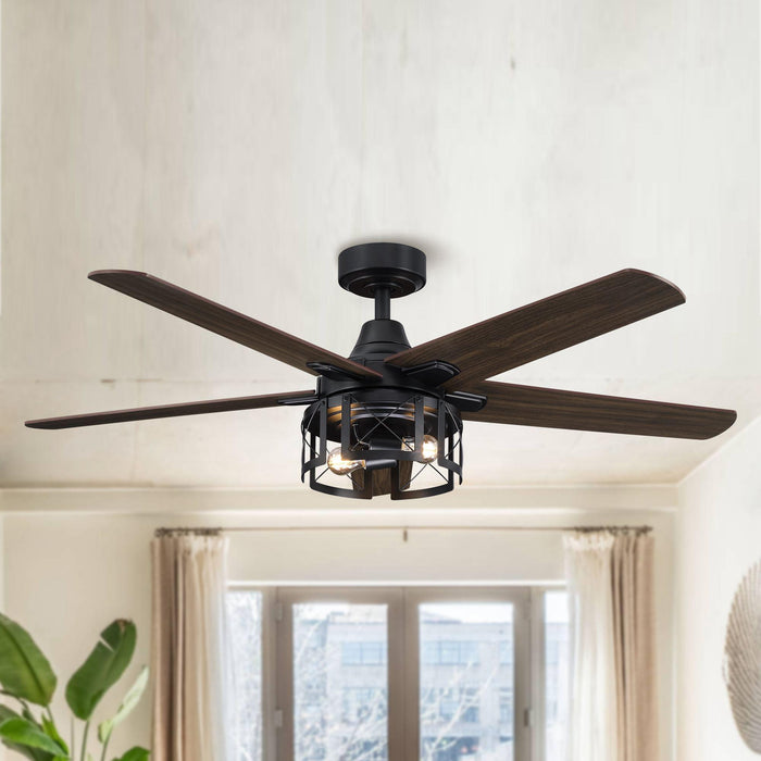 52" Kolkata Industrial Downrod Mount Reversible Ceiling Fan with Lighting and Remote Control - ParrotUncle