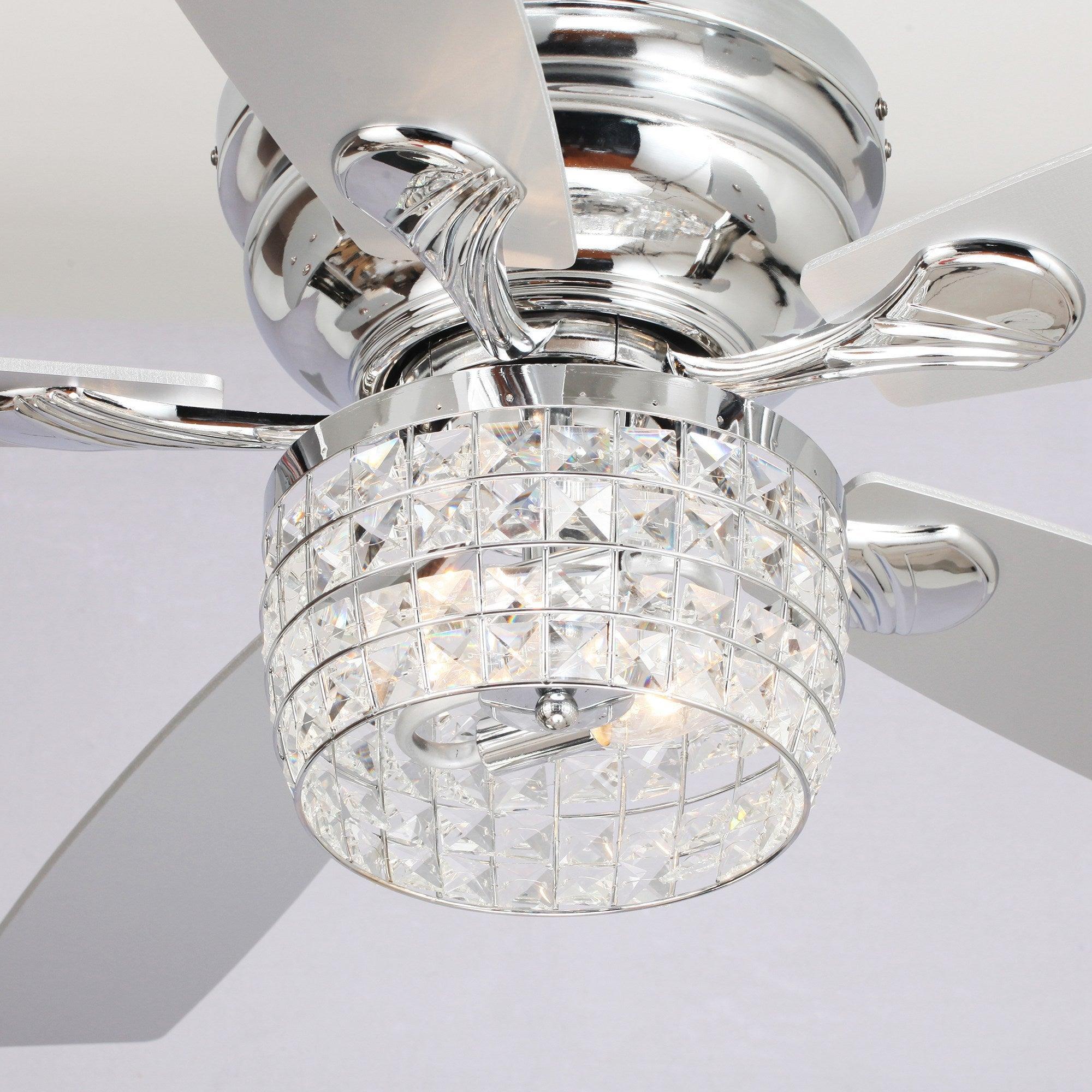 52" Panipat Modern Chrome Flush Mount Reversible Crystal Ceiling Fan with Lighting and Remote Control - ParrotUncle