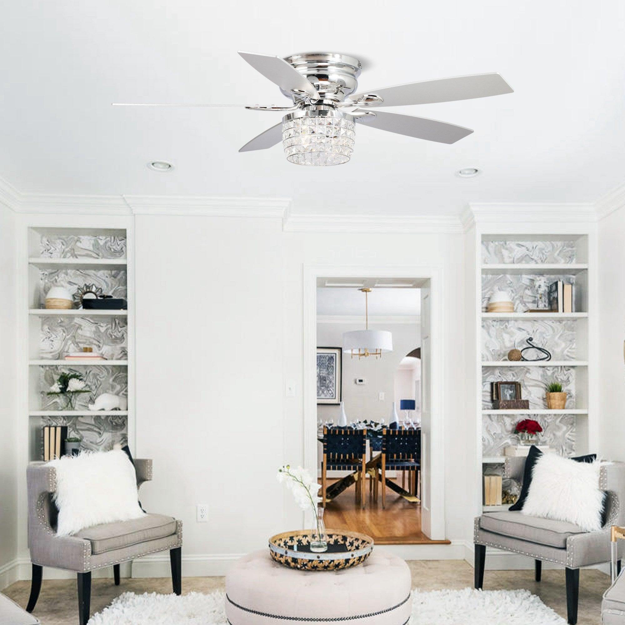 52" Panipat Modern Chrome Flush Mount Reversible Crystal Ceiling Fan with Lighting and Remote Control - ParrotUncle