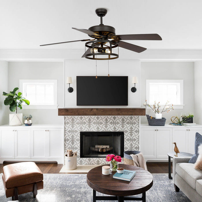 52" Urbana Downrod Mount Reversible Industrial Ceiling Fan with Lighting and Pull Chain - ParrotUncle