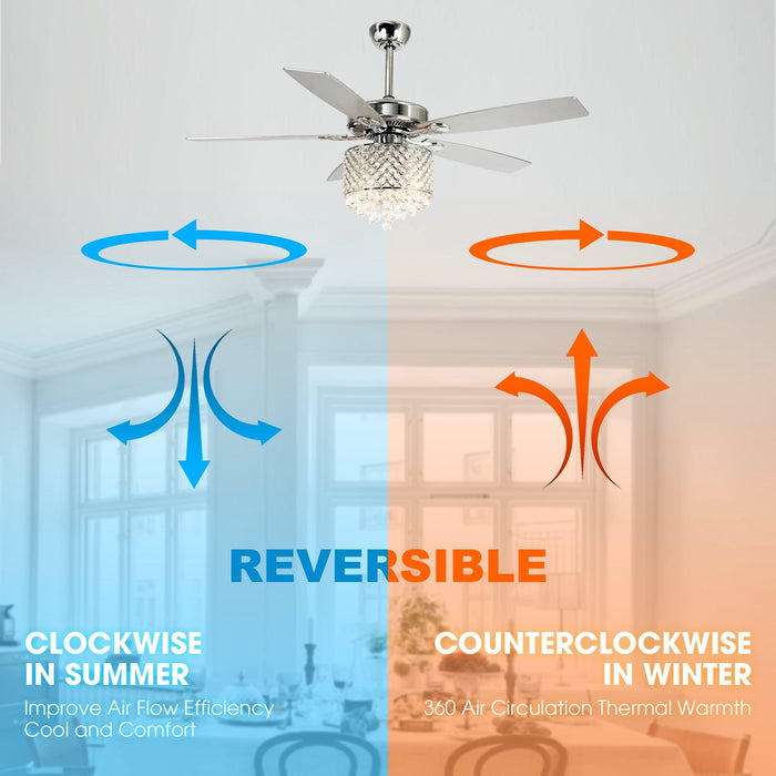 52" Wethington Modern Chrome Downrod Mount Reversible Crystal Ceiling Fan with Lighting and Remote Control - ParrotUncle