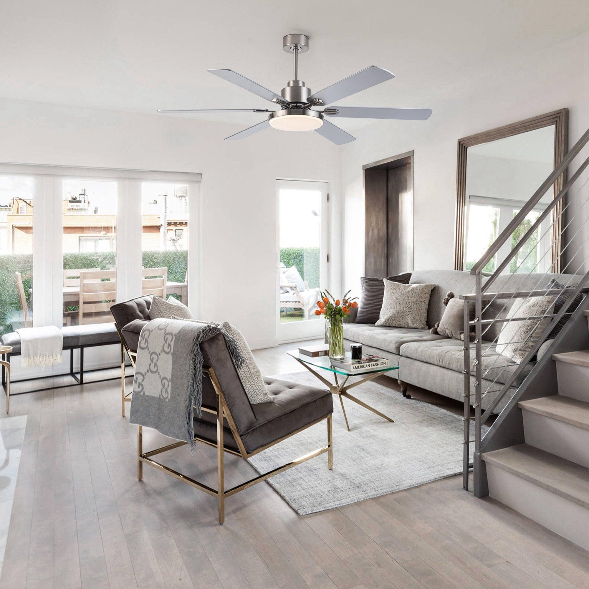 60" Lucknow Modern Satin Nickel DC Motor Downrod Mount Reversible Ceiling Fan with Lighting and Remote Control - ParrotUncle