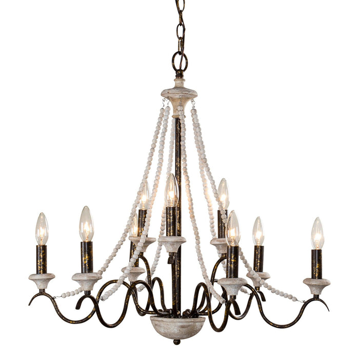 9-Light Distressed White Chandelier with Wood Beaded Accents - ParrotUncle