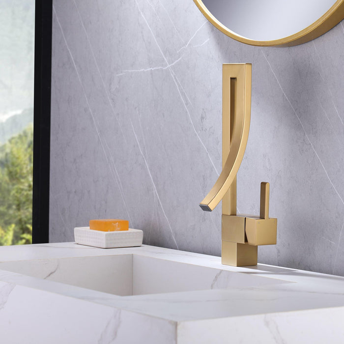 Brushed Gold Square Single Hole Single Handle Bathroom Faucet - ParrotUncle