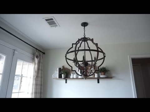 Lámpara de araña geométrica Cambon de 6 luces envejecido negro y madera cepillada